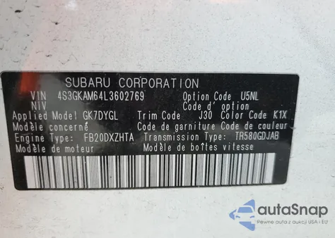 2020 Subaru Impreza Sport z USA, uszkodzony, nr VIN 4S3GKAM64L3602769